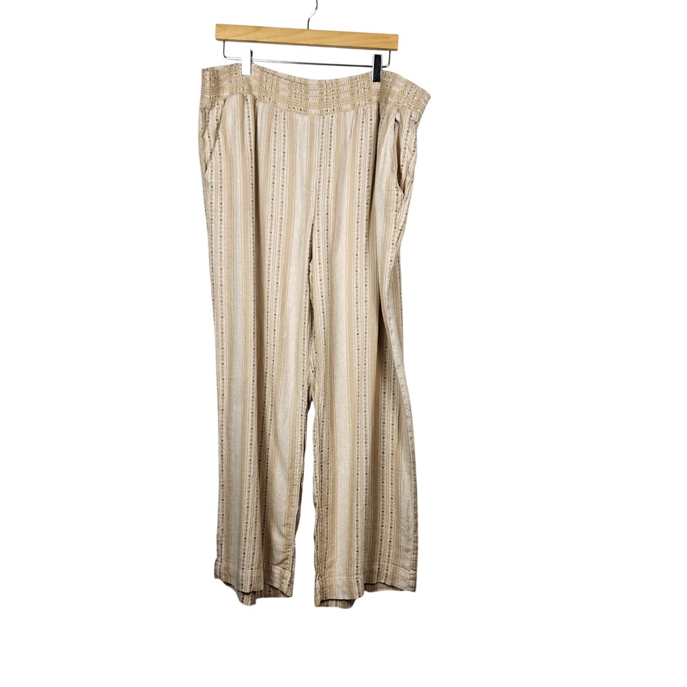 Briggs Linen Blend Wide Leg Smocked Waist Pants Womens XXL Tan Pockets Casual